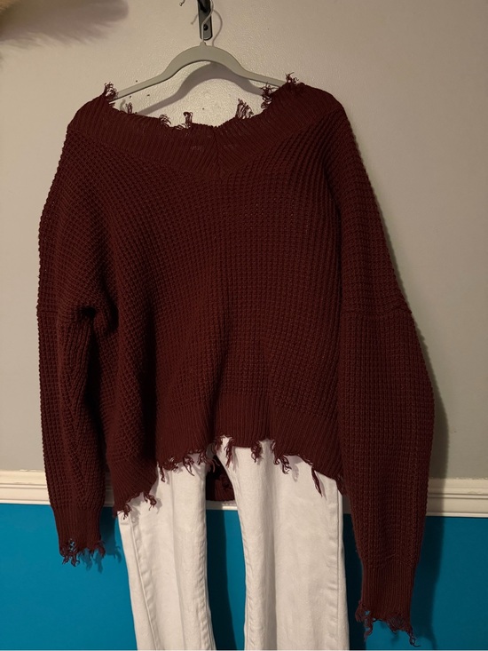 Zenana Outfitters Sweaters - Zenana Outfitters Off-the-Shoulder Distressed Knit Sweater - Burgundy